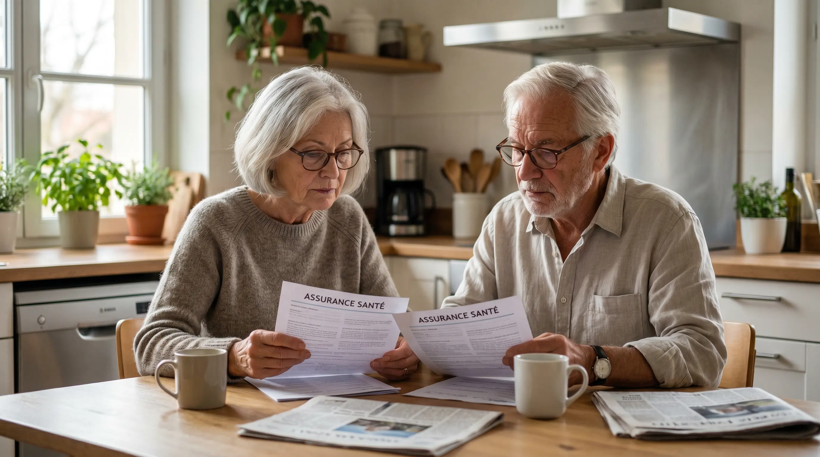 Couple de seniors examinant des documents médicaux